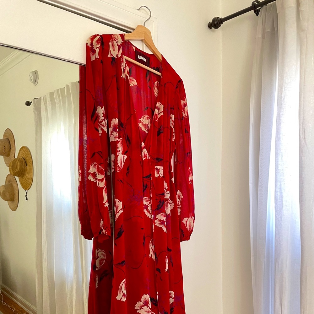 REFORMATION red floral wrap midi dress